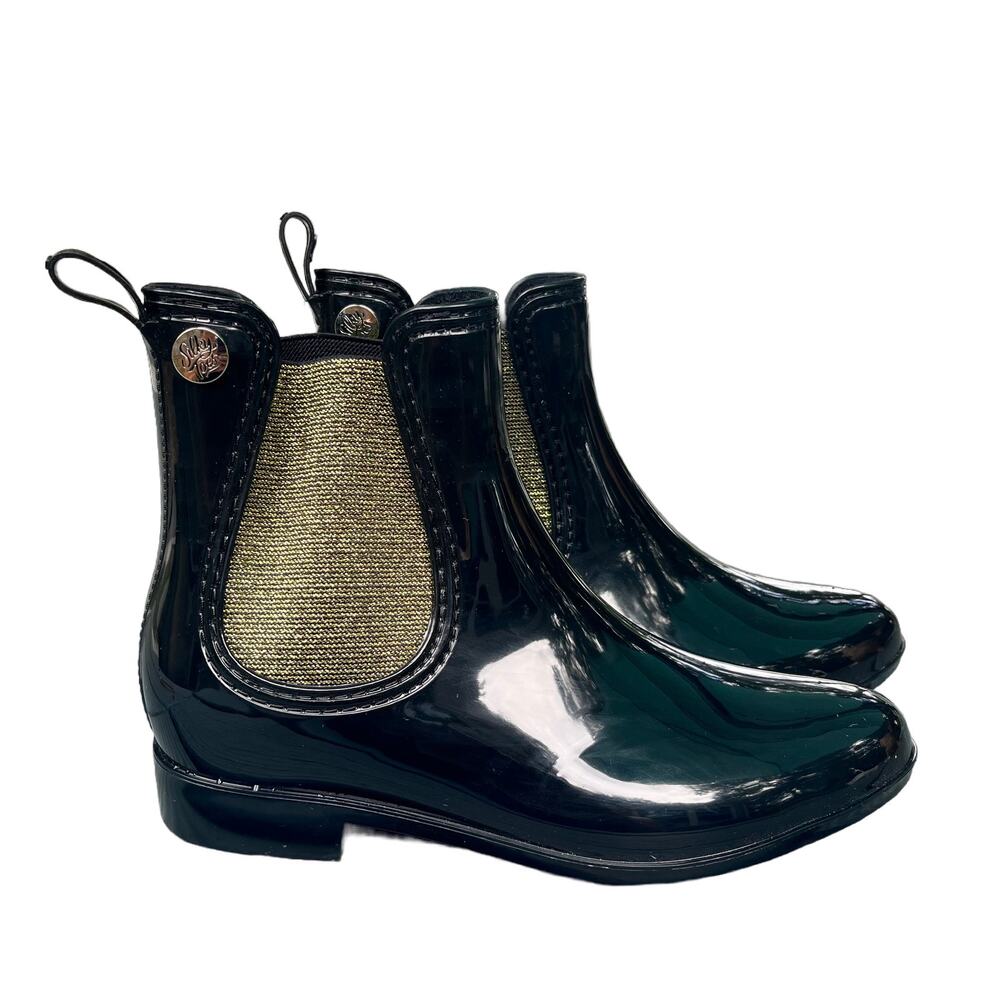 Black Glossy Rain Boots Size 10.5 Gold Glitter Elastic Chelsea‎ Ankle Booties